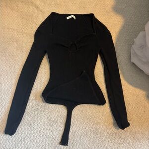 Abercrombie & Fitch Black Ribbed Long-Sleeve Bodysuit with Front Ring